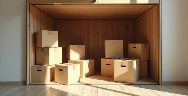 Photo réaliste d'un box de stockage propre et éclairé dans un environnement minimaliste, avec des cartons et des meubles bien organisés, atmosphère calme et sécurisée