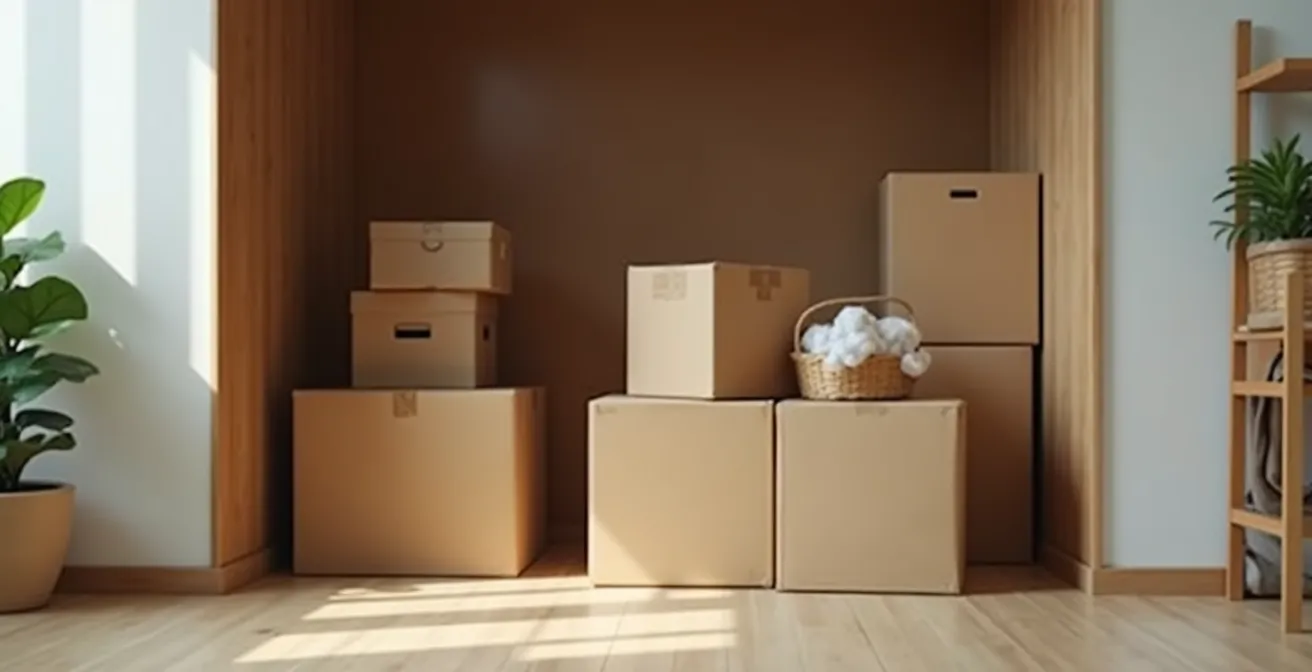 Vue d’un box de stockage avec cartons organisés et matériel de déménagement dans un espace éclairé