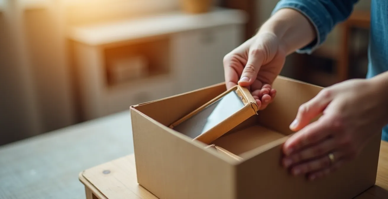 Gros plan sur des mains déposant un objet fragile dans un box de stockage, ambiance calme et sécurisée