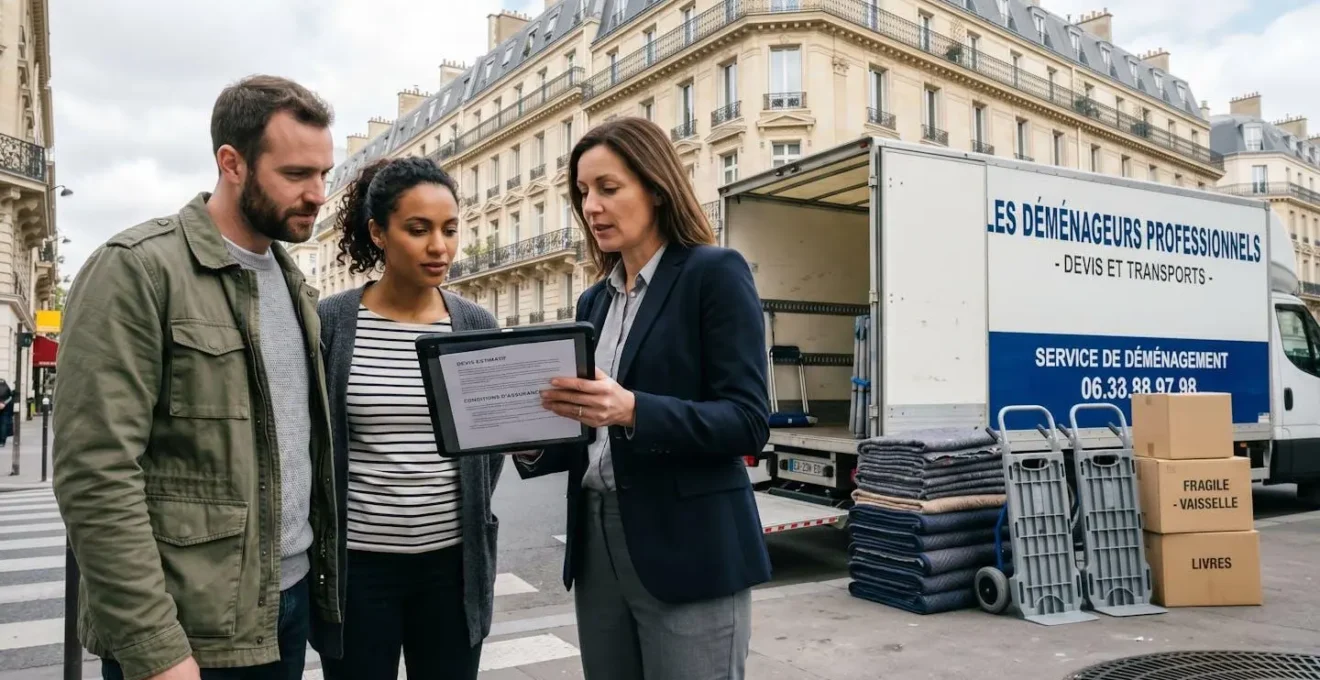 Conseiller en déménagement professionnel vérifiant documents administratifs sur tablette lors d'un échange avec clients devant camion stationné en environnement urbain français