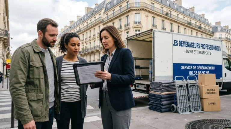 Conseiller en déménagement professionnel vérifiant documents administratifs sur tablette lors d'un échange avec clients devant camion stationné en environnement urbain français