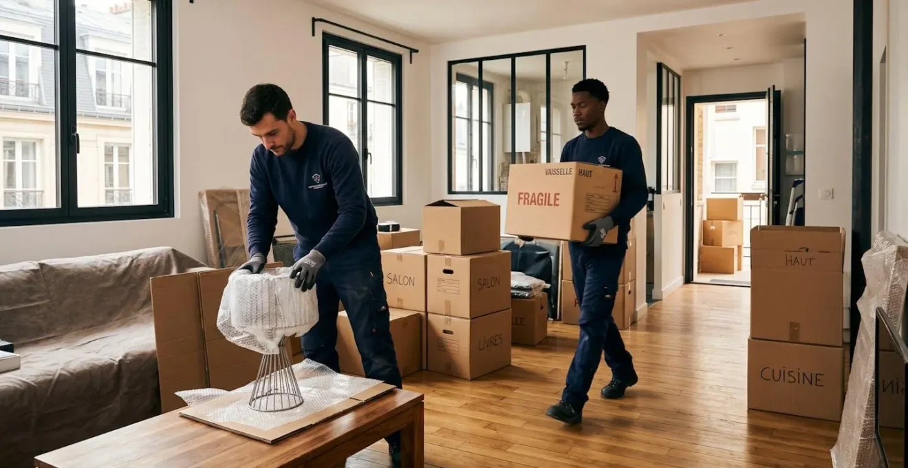 Deux déménageurs professionnels en action : emballage minutieux d'objets fragiles et transport organisé de cartons dans appartement contemporain français