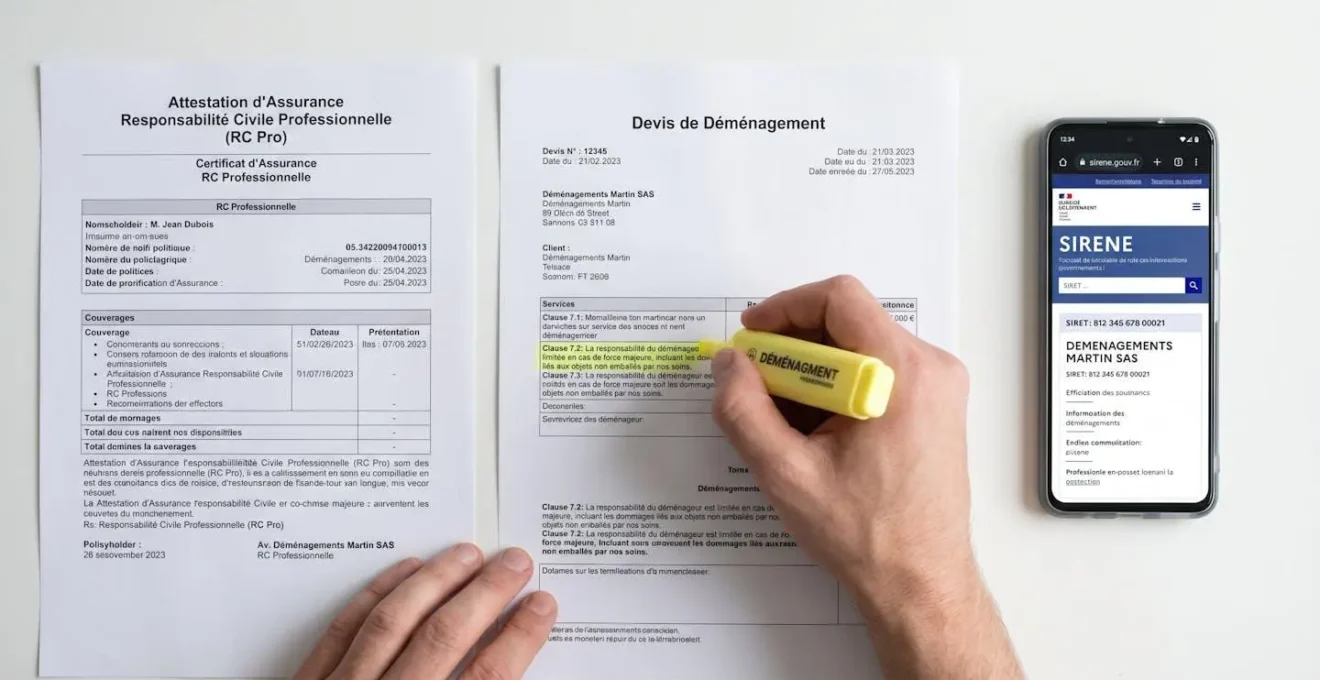 Main surlignant clause importante sur devis de déménagement entouré d'attestation assurance RC Pro et smartphone affichant vérification SIRET sur sirene.gouv.fr