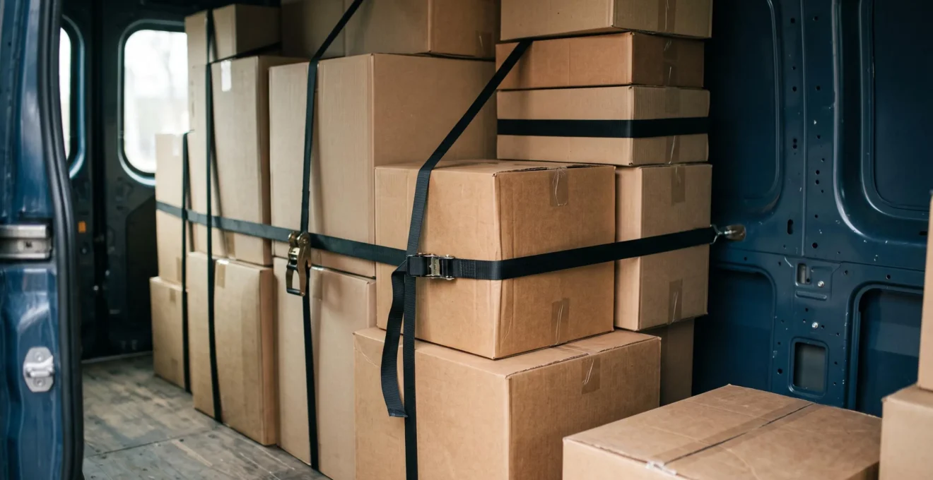 Caisses carton empilées de manière sécurisée dans l'espace de chargement d'un camion de déménagement.